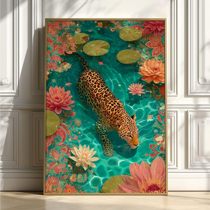 Swimming jaguar Poster | Lotus Pond Art Print, Tropical Wall Art | Colourful Jungle Decor