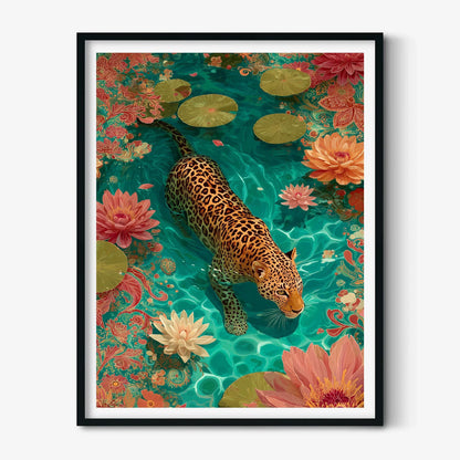 Swimming jaguar Poster | Lotus Pond Art Print, Tropical Wall Art | Colourful Jungle Decor