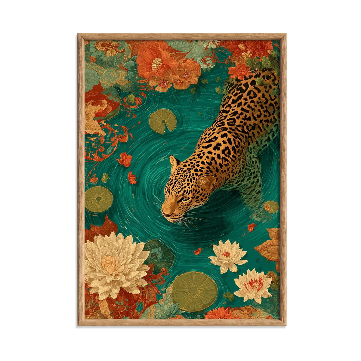 Swimming jaguar Art Print | Lotus Pond Poster, Tropical Wall Art | Jungle Floral Decor