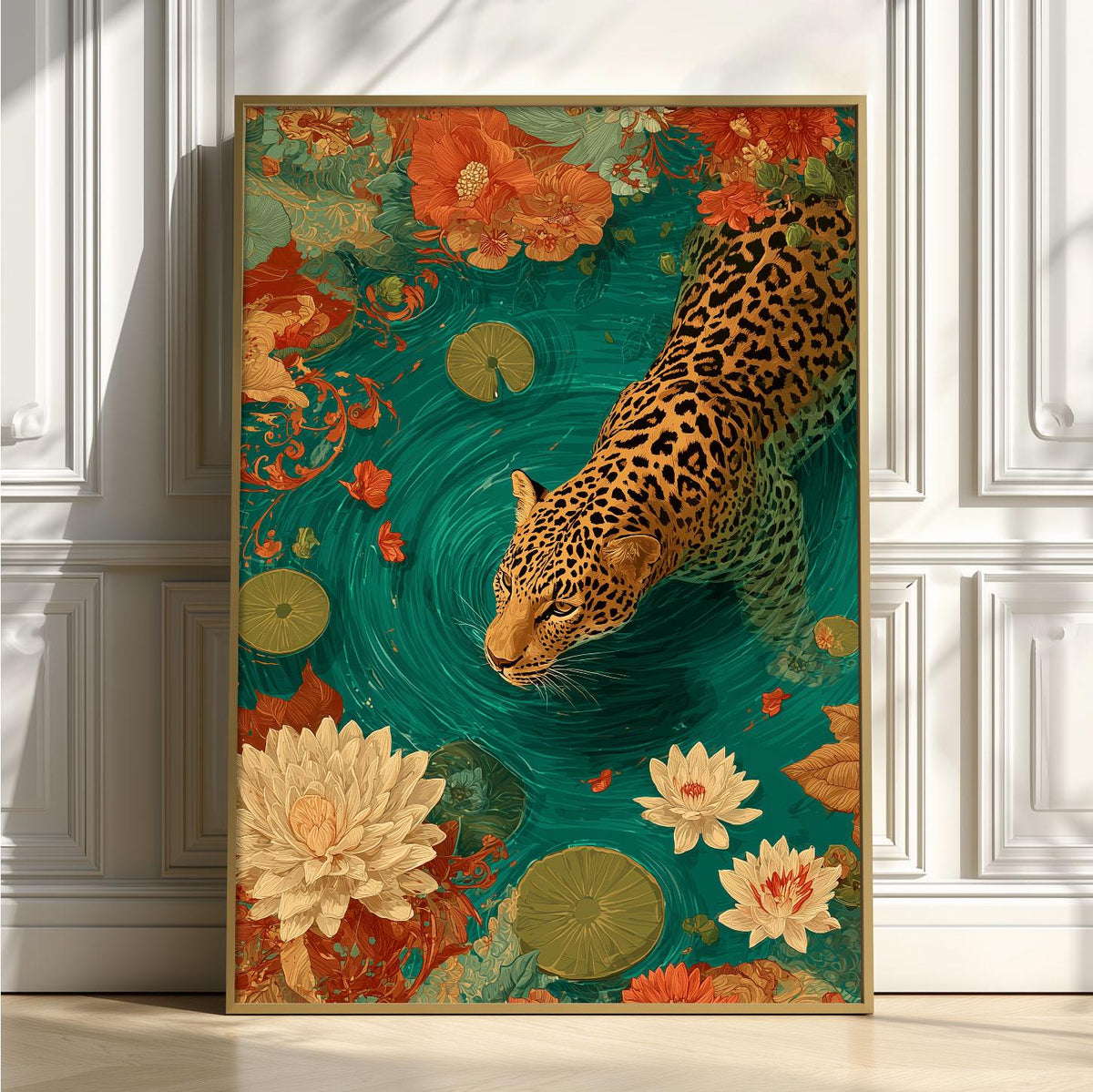 Swimming jaguar Art Print | Lotus Pond Poster, Tropical Wall Art | Jungle Floral Decor