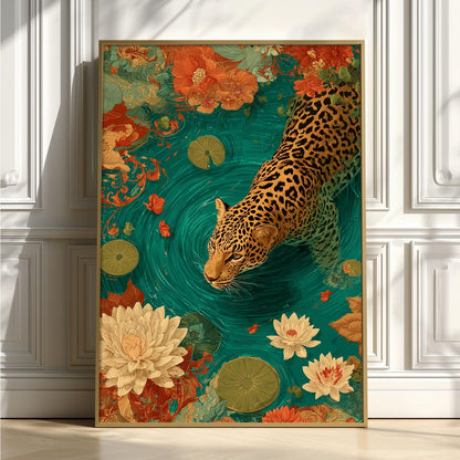 Swimming jaguar Art Print | Lotus Pond Poster, Tropical Wall Art | Jungle Floral Decor