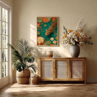 Swimming jaguar Art Print | Lotus Pond Poster, Tropical Wall Art | Jungle Floral Decor