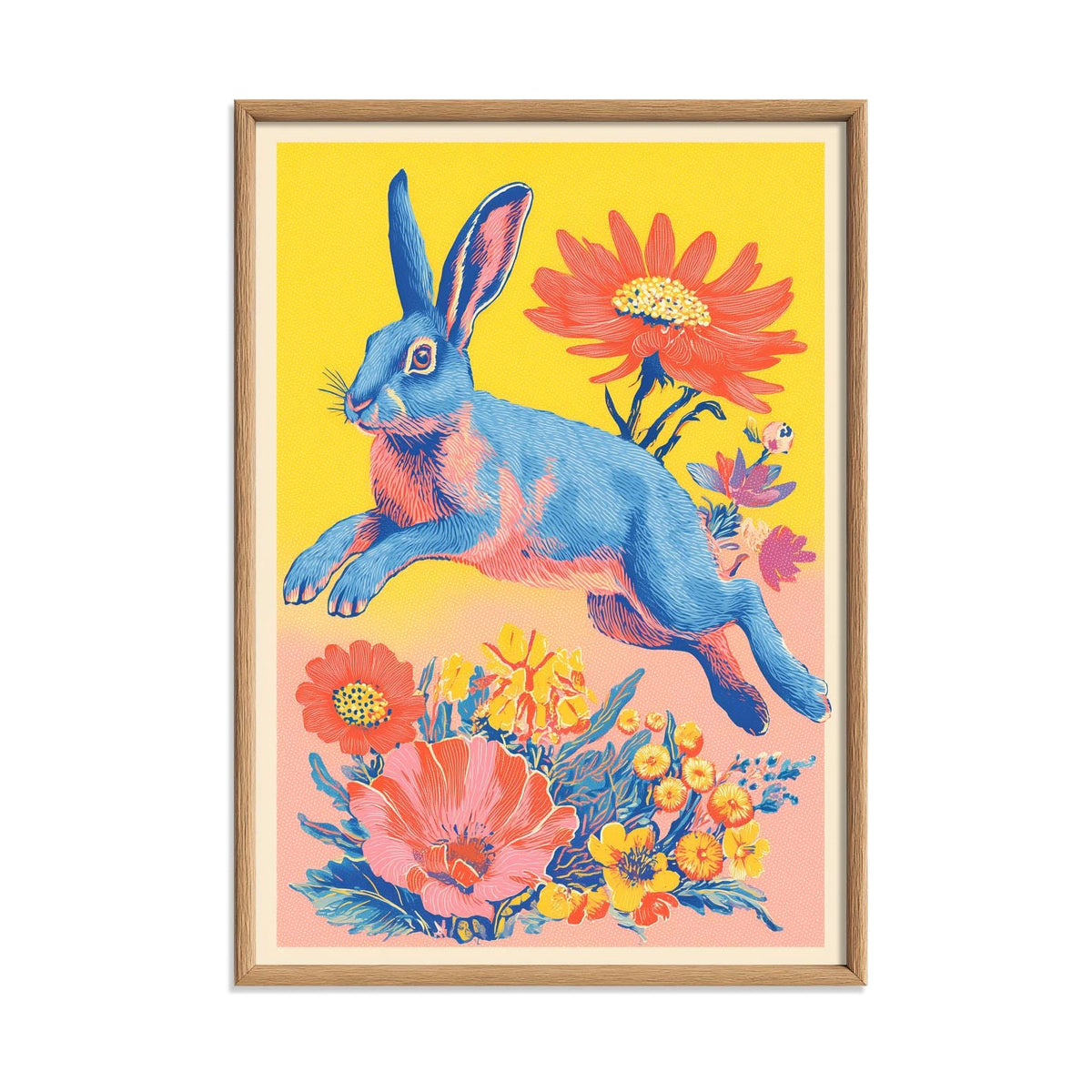 Retro Rabbit Poster | Colourful Floral Art Print, Bright Bunny Wall Art | Pop Art Decor
