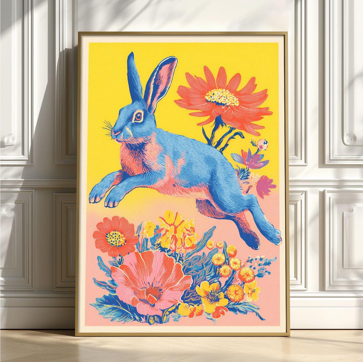 Retro Rabbit Poster | Colourful Floral Art Print, Bright Bunny Wall Art | Pop Art Decor