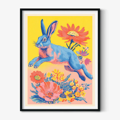 Retro Rabbit Poster | Colourful Floral Art Print, Bright Bunny Wall Art | Pop Art Decor