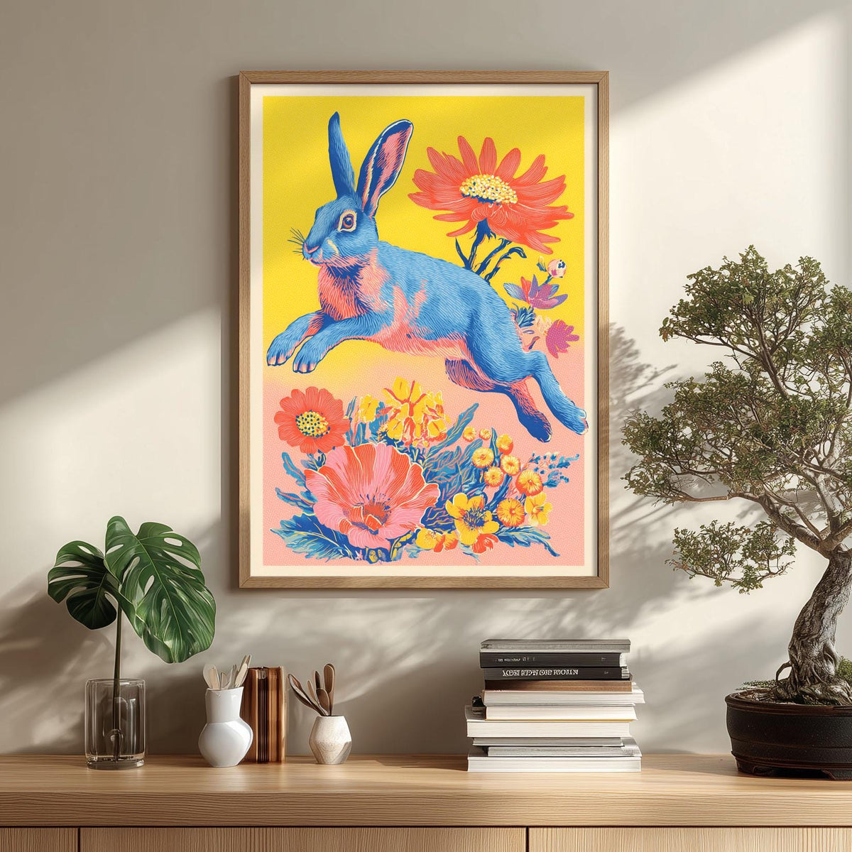 Retro Rabbit Poster | Colourful Floral Art Print, Bright Bunny Wall Art | Pop Art Decor