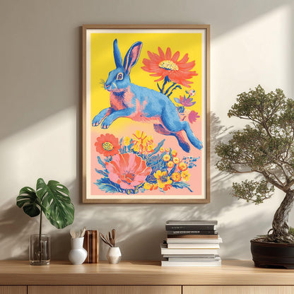 Retro Rabbit Poster | Colourful Floral Art Print, Bright Bunny Wall Art | Pop Art Decor