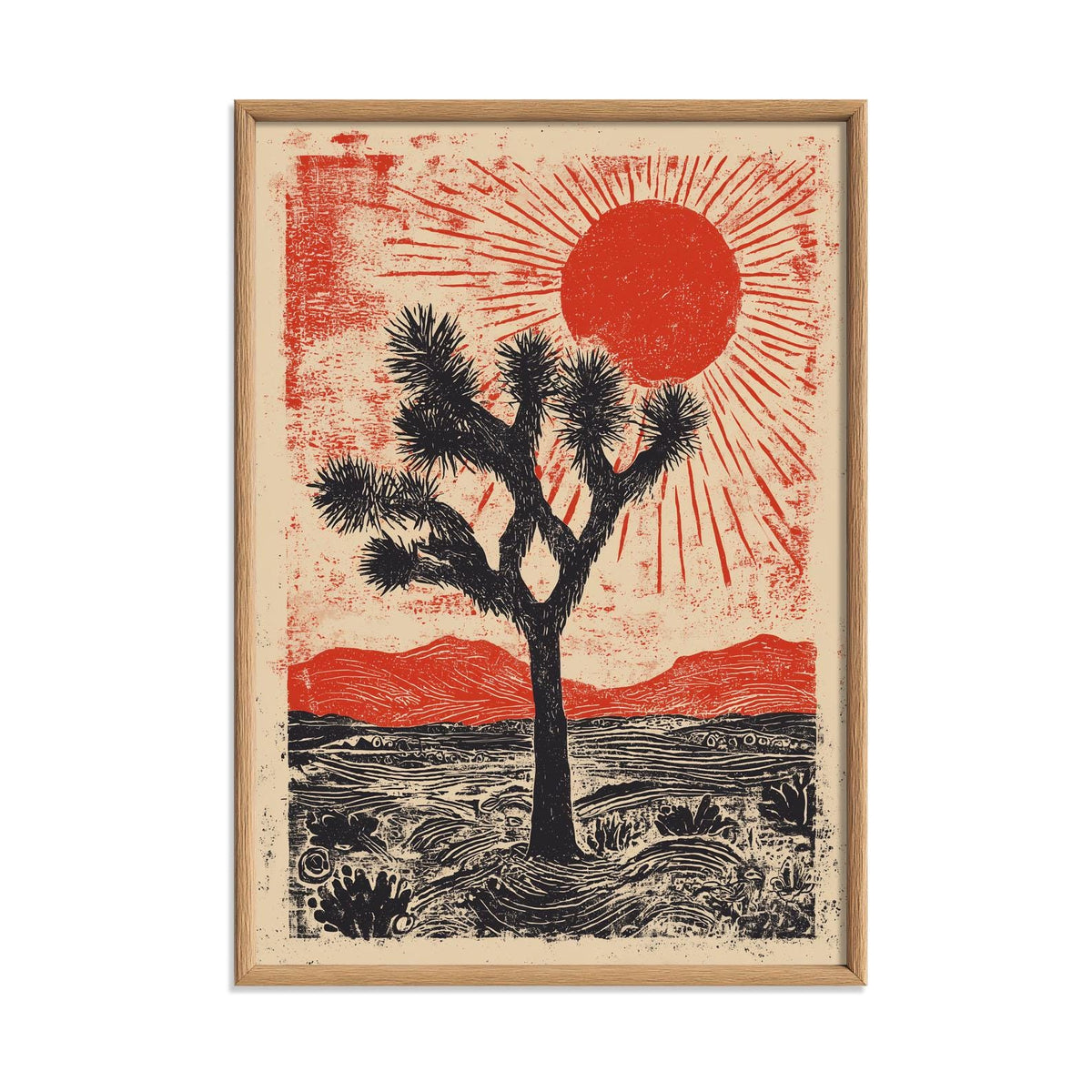 Joshua Tree Poster | Desert Linocut Art Print, Red Sun Wall Art | Southwest Landscape Print