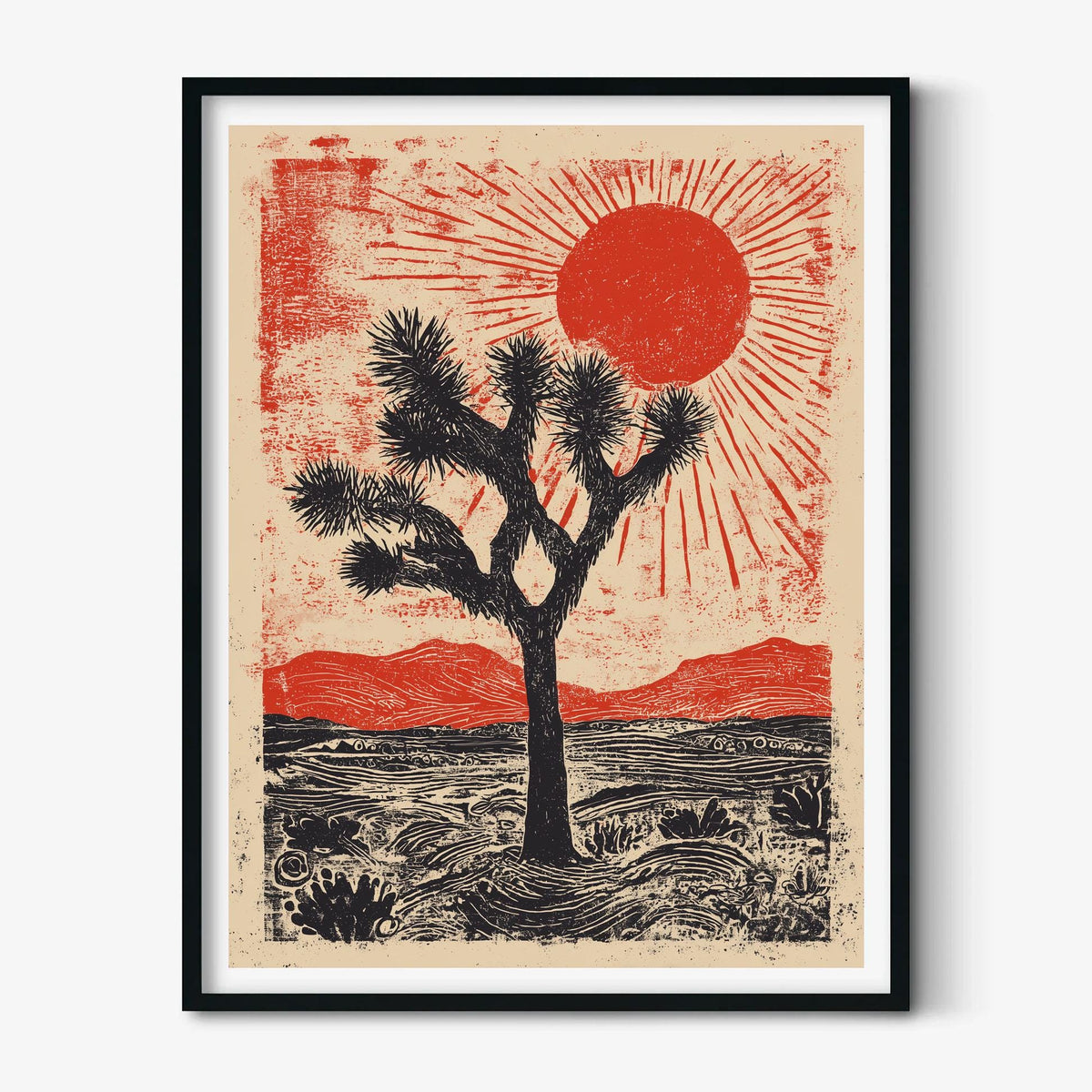 Joshua Tree Poster | Desert Linocut Art Print, Red Sun Wall Art | Southwest Landscape Print