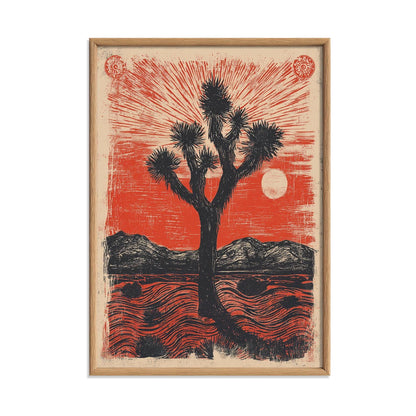 Joshua Tree Wall Art | Desert Linocut Poster, Red Sun Art Print | Southwest Decor