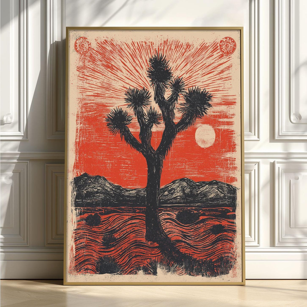 Joshua Tree Wall Art | Desert Linocut Poster, Red Sun Art Print | Southwest Decor