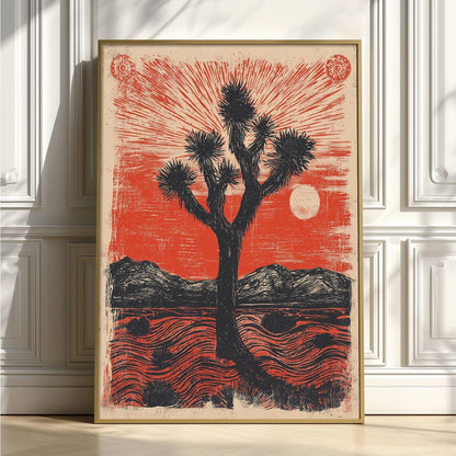 Joshua Tree Wall Art | Desert Linocut Poster, Red Sun Art Print | Southwest Decor