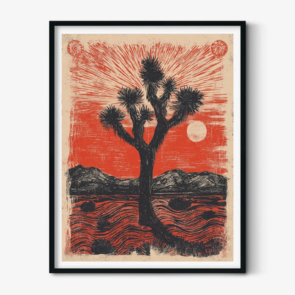 Joshua Tree Wall Art | Desert Linocut Poster, Red Sun Art Print | Southwest Decor