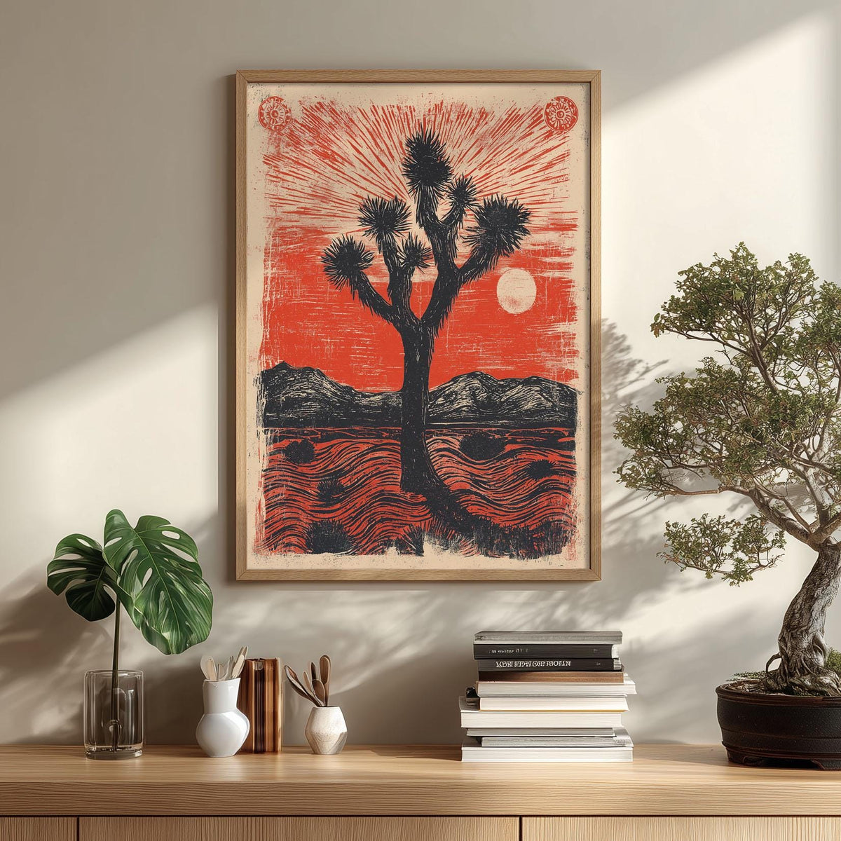 Joshua Tree Wall Art | Desert Linocut Poster, Red Sun Art Print | Southwest Decor