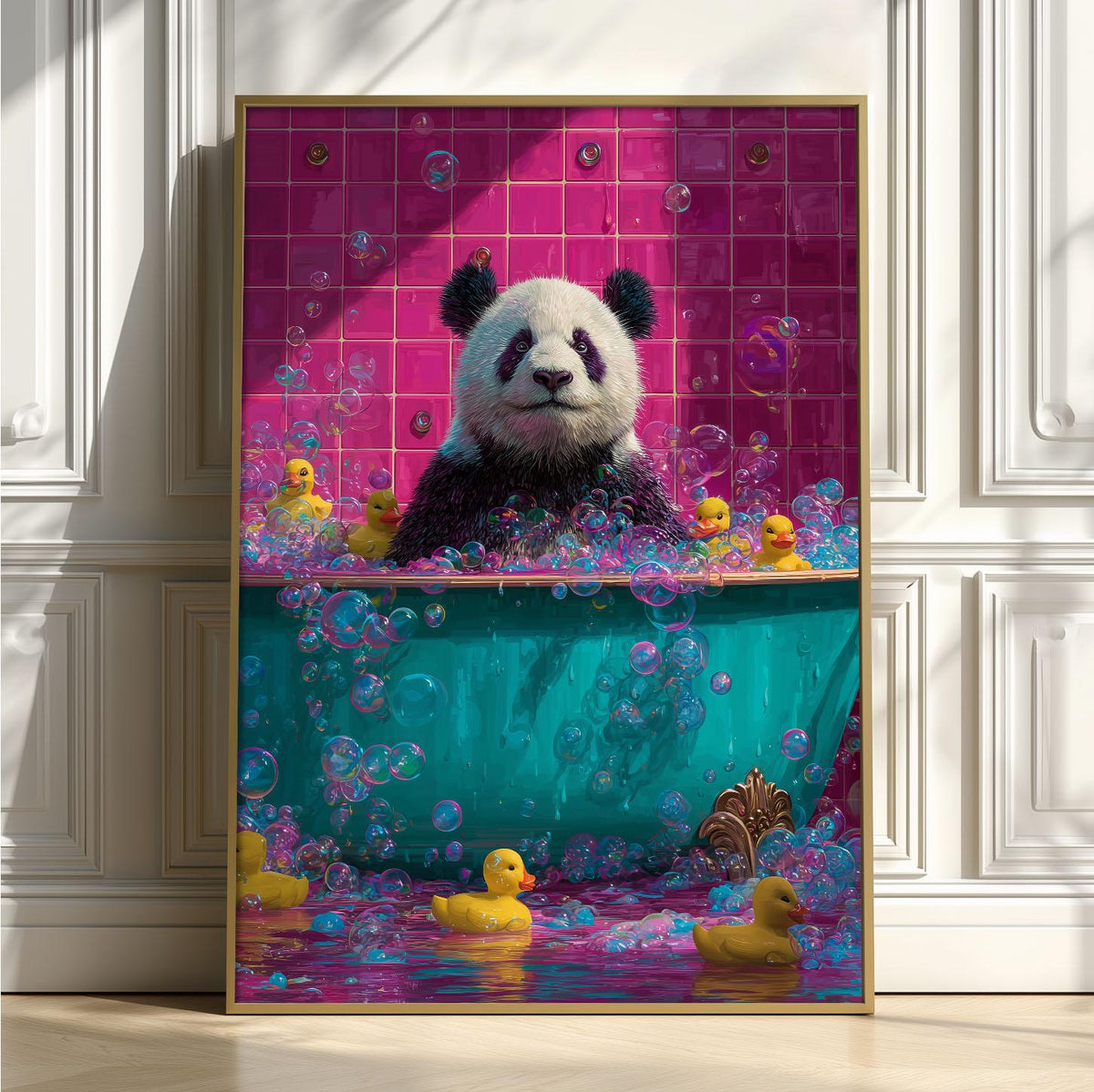 Panda Bath Poster | Funny Bathroom Art Print, Colourful Animal Wall Art | Rubber Duck Decor