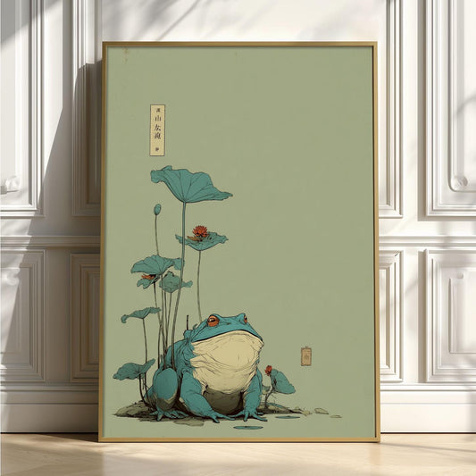 Frog Lotus Wall Art | Japanese Pond Poster, Minimalist Art Print | Zen Nature Decor