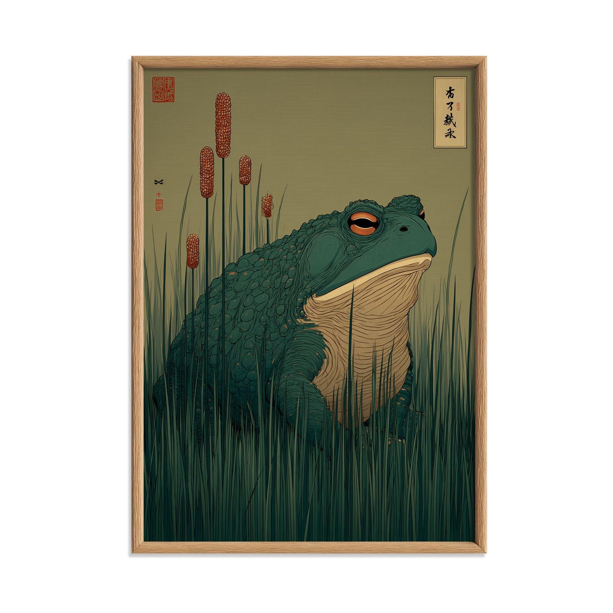 Frog Wall Art Print | Japanese Reed Pond Poster, Botanical Toad Art Print | Zen Nature Decor