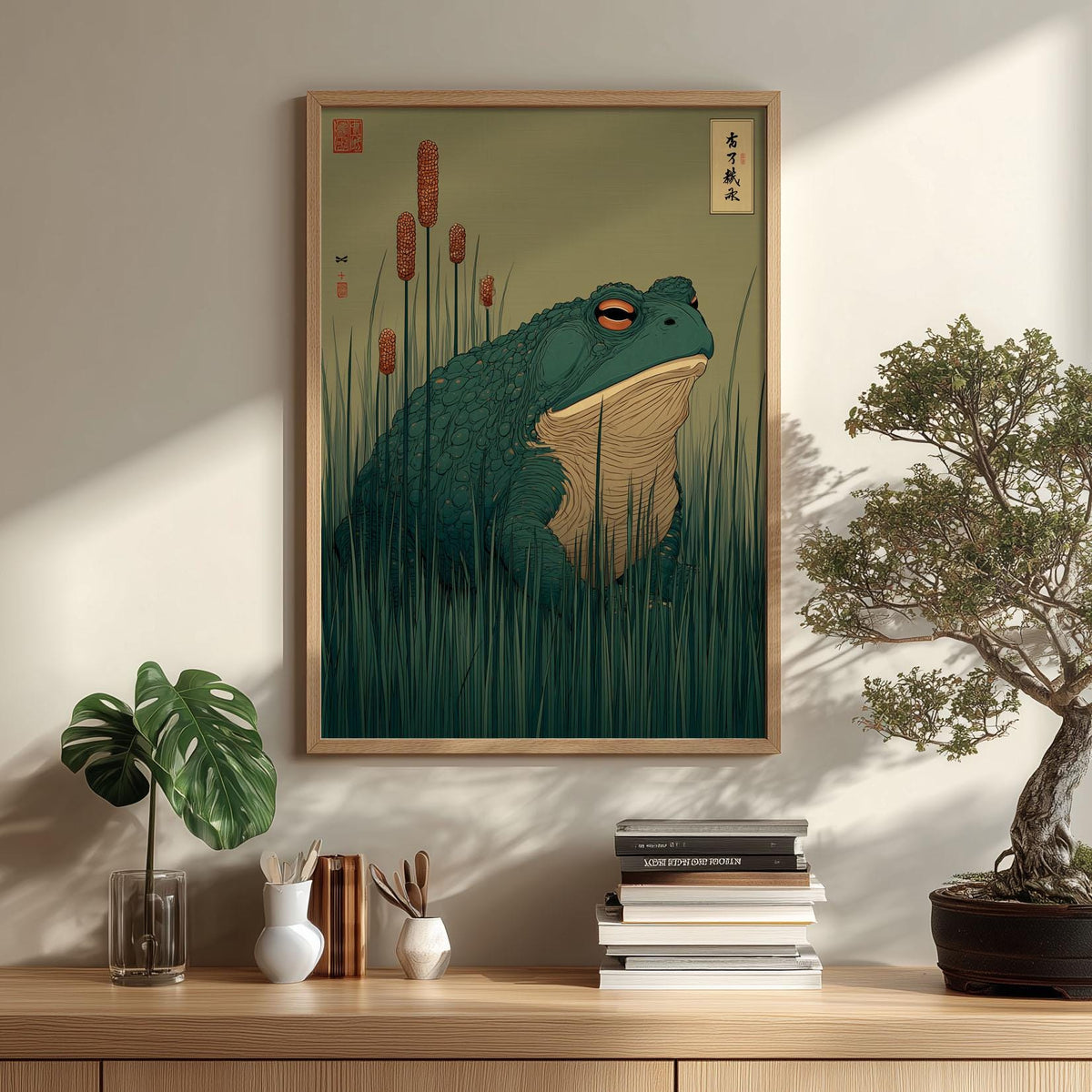 Frog Wall Art Print | Japanese Reed Pond Poster, Botanical Toad Art Print | Zen Nature Decor