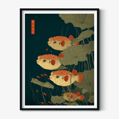 Puffer Fish Poster | Japanese Pond Art Print, Lotus Leaf Wall Art | Nautical Decor