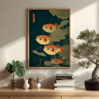 Puffer Fish Poster | Japanese Pond Art Print, Lotus Leaf Wall Art | Nautical Decor