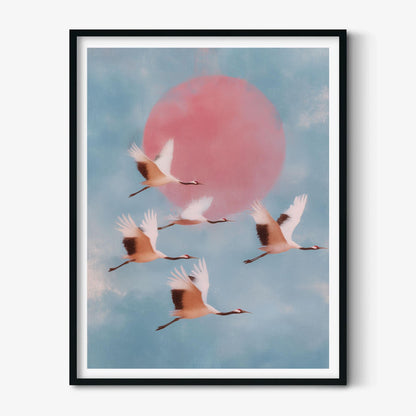 Flying Crane Wall Art | Japanese Bird Poster, Pink Sun Art Print | Serene Sky Decor