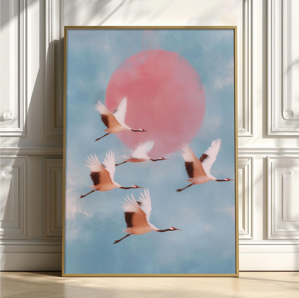 Flying Crane Wall Art | Japanese Bird Poster, Pink Sun Art Print | Serene Sky Decor