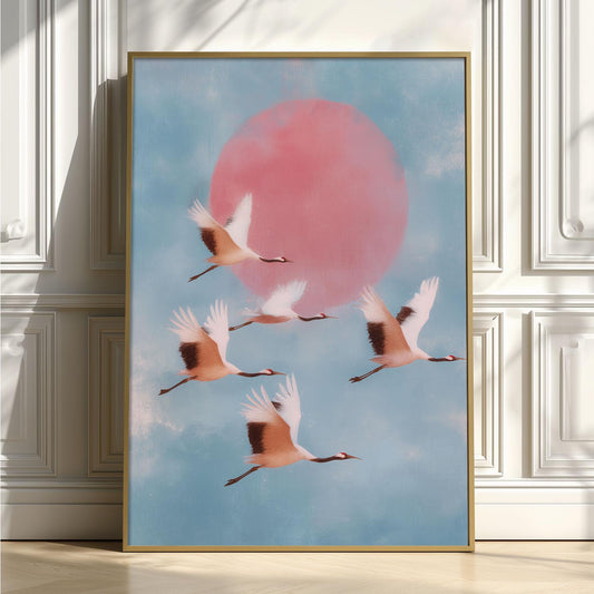 Flying Crane Wall Art | Japanese Bird Poster, Pink Sun Art Print | Serene Sky Decor