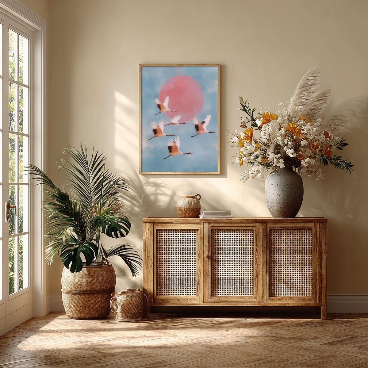 Flying Crane Wall Art | Japanese Bird Poster, Pink Sun Art Print | Serene Sky Decor