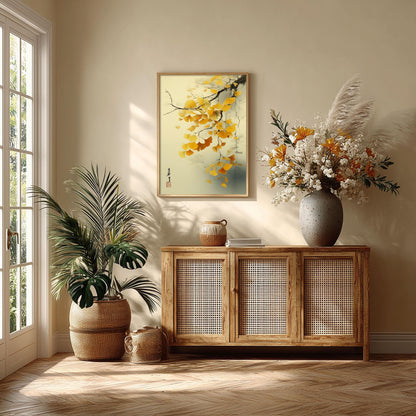 Ginkgo Leaf Art Print | Japanese Botanical Poster, Golden Autumn Wall Art | Zen Nature Decor