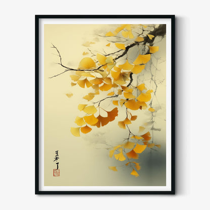 Ginkgo Leaf Art Print | Japanese Botanical Poster, Golden Autumn Wall Art | Zen Nature Decor