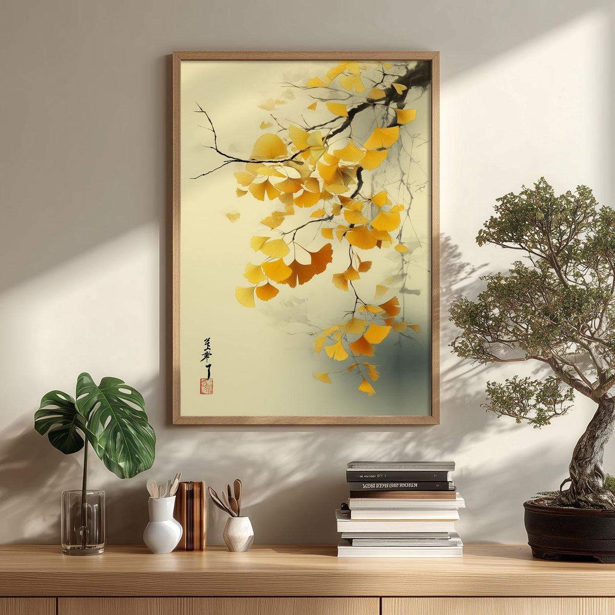 Ginkgo Leaf Art Print | Japanese Botanical Poster, Golden Autumn Wall Art | Zen Nature Decor