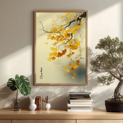 Ginkgo Leaf Art Print | Japanese Botanical Poster, Golden Autumn Wall Art | Zen Nature Decor