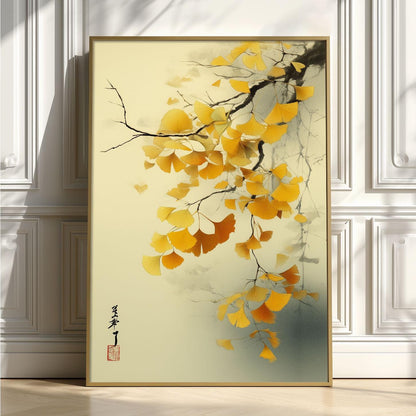 Ginkgo Leaf Art Print | Japanese Botanical Poster, Golden Autumn Wall Art | Zen Nature Decor