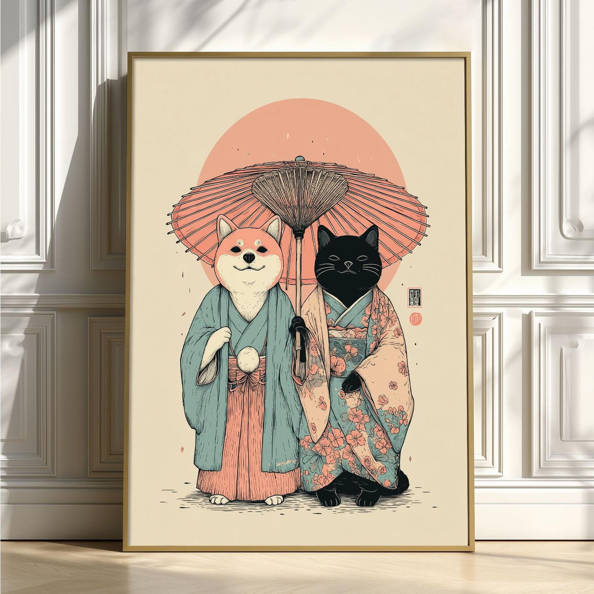 Shiba Inu Poster | Black Cat Art Print, Japanese Kimono Wall Art | Cute Animal Decor