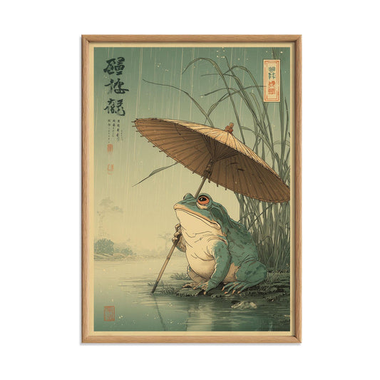 Umbrella Frog Poster | Japanese Pond Art Print, Rainy River Wall Art | Whimsical Nature Decor