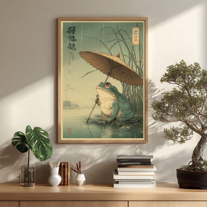 Umbrella Frog Poster | Japanese Pond Art Print, Rainy River Wall Art | Whimsical Nature Decor