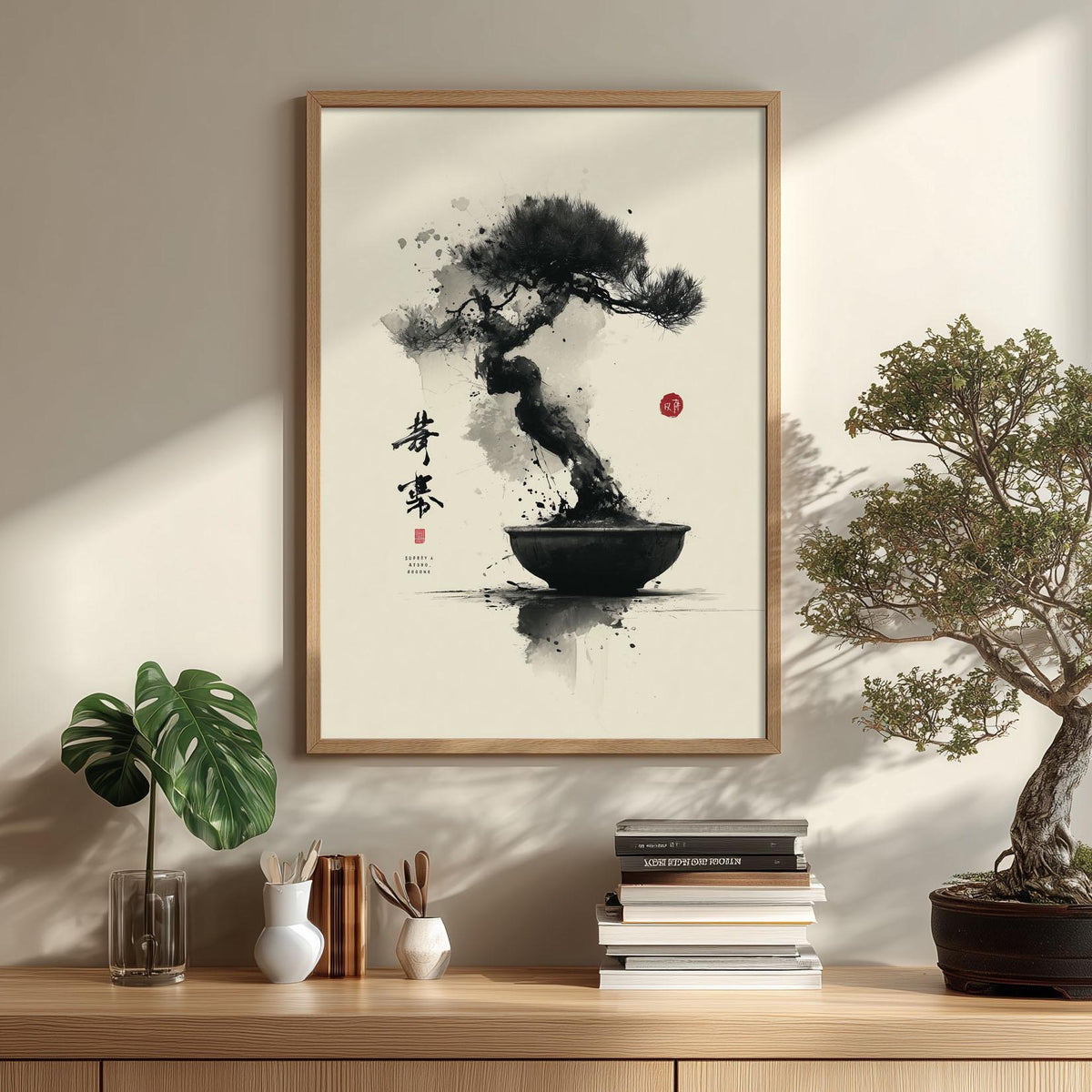 Bonsai Tree Wall Art | Japanese Ink Poster, Minimalist Art Print | Zen Japandi Decor