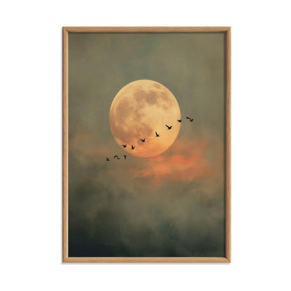 Full Moon Print – Flying Birds Night Sky Poster | Atmospheric Wall Art