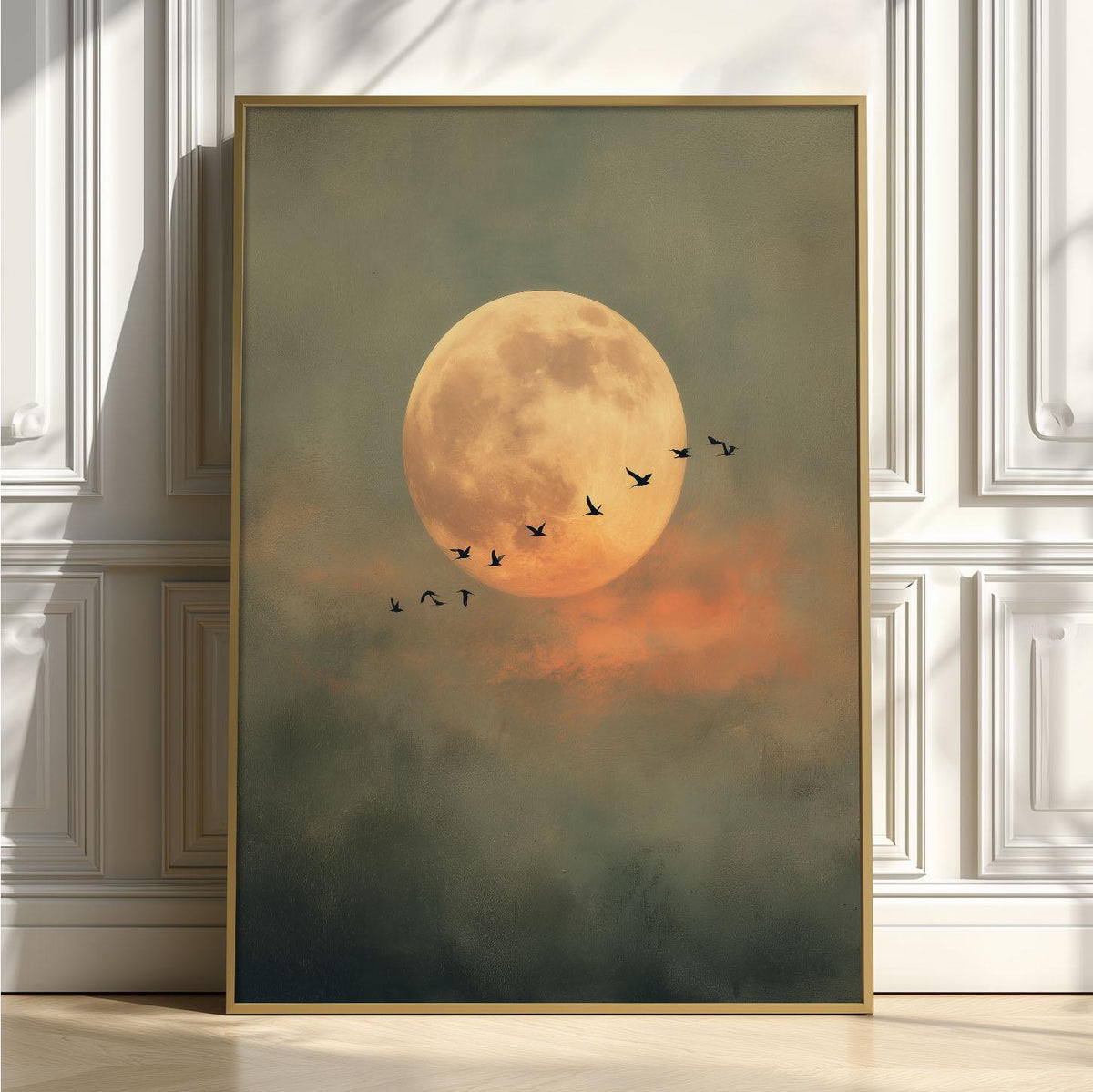 Full Moon Print – Flying Birds Night Sky Poster | Atmospheric Wall Art