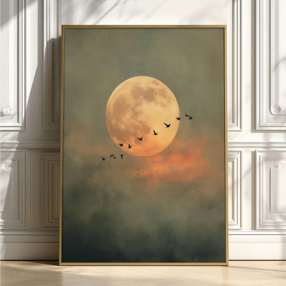 Full Moon Print – Flying Birds Night Sky Poster | Atmospheric Wall Art