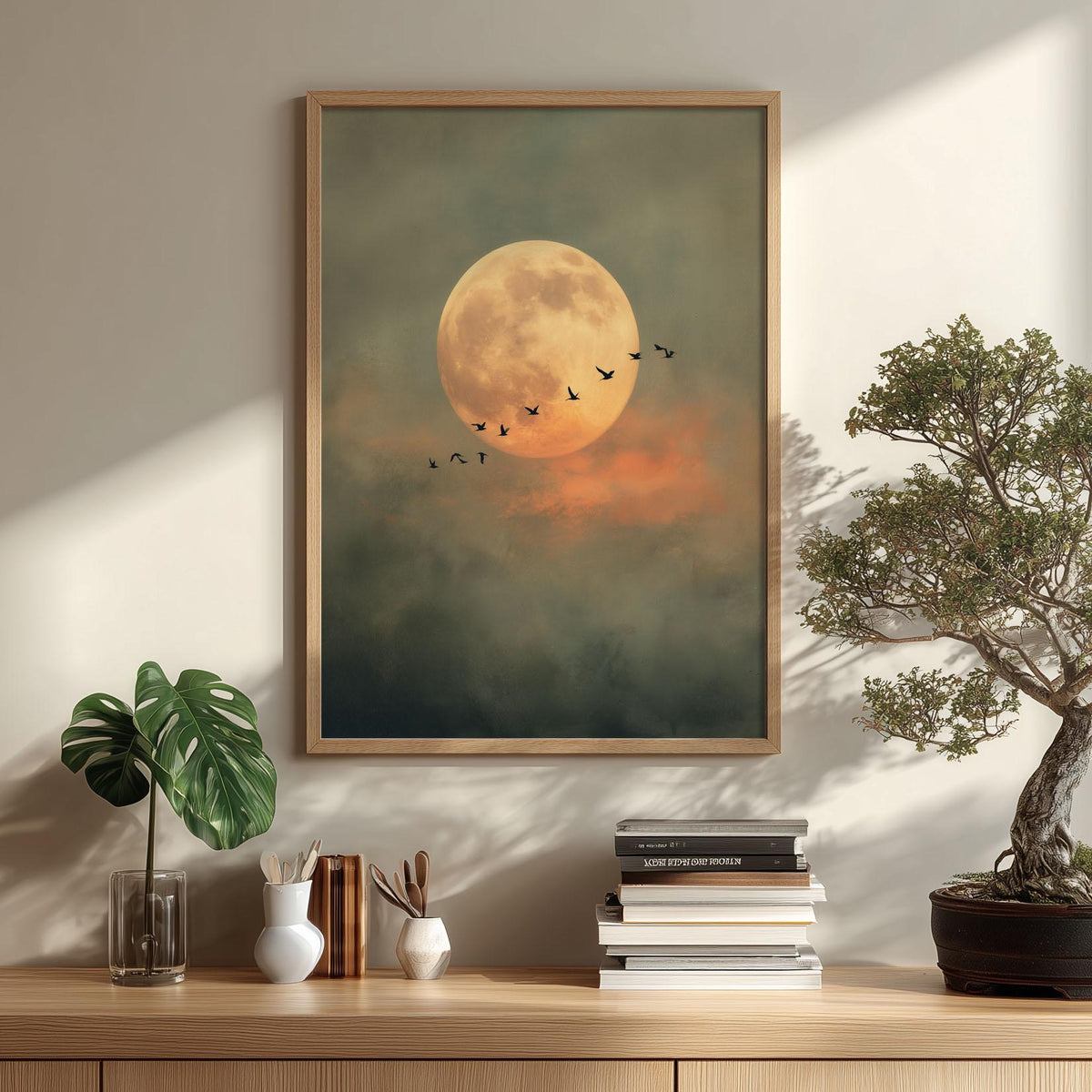 Full Moon Print – Flying Birds Night Sky Poster | Atmospheric Wall Art