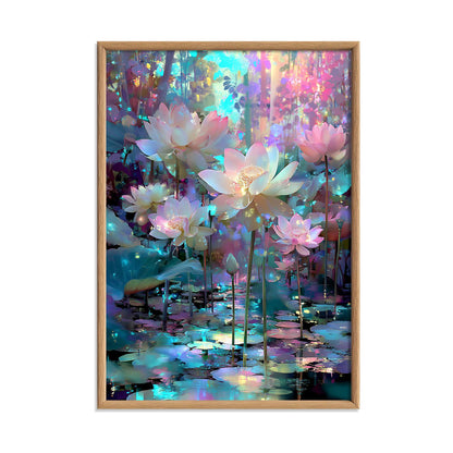 Glowing Lotus Print – Colourful Fantasy Pond Poster | Zen Floral Wall Art