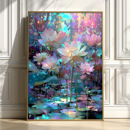 Glowing Lotus Print – Colourful Fantasy Pond Poster | Zen Floral Wall Art