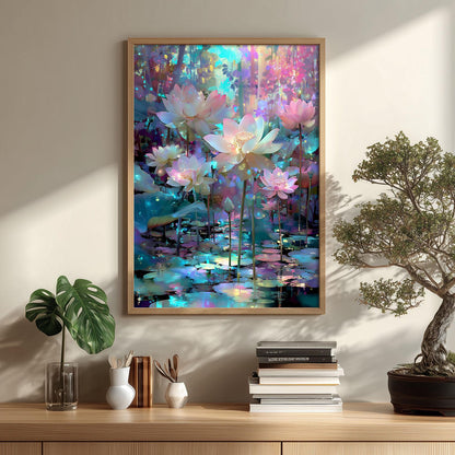 Glowing Lotus Print – Colourful Fantasy Pond Poster | Zen Floral Wall Art