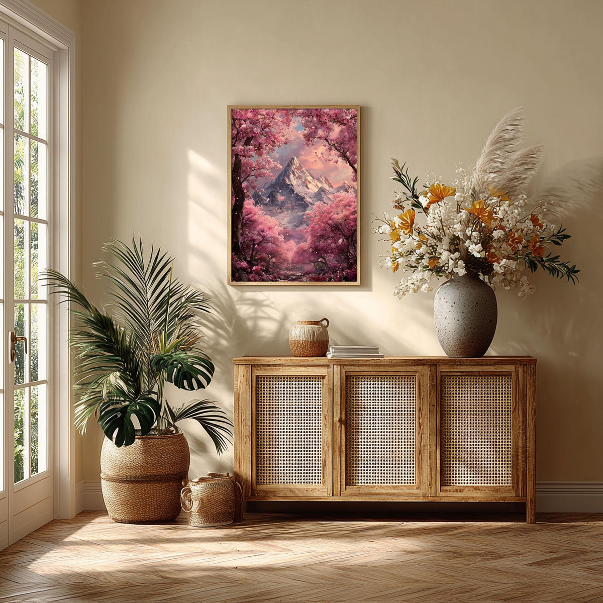 Cherry Blossom Mountain Print – Pink Fantasy Landscape | Dreamy Wall Art