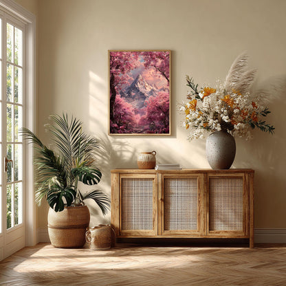 Cherry Blossom Mountain Print – Pink Fantasy Landscape | Dreamy Wall Art
