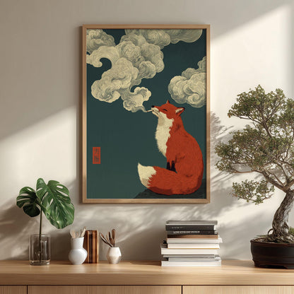 Smoking Fox Poster | Japanese Cloud Art Print, Red Fox Wall Art | Quirky Woodland Decor