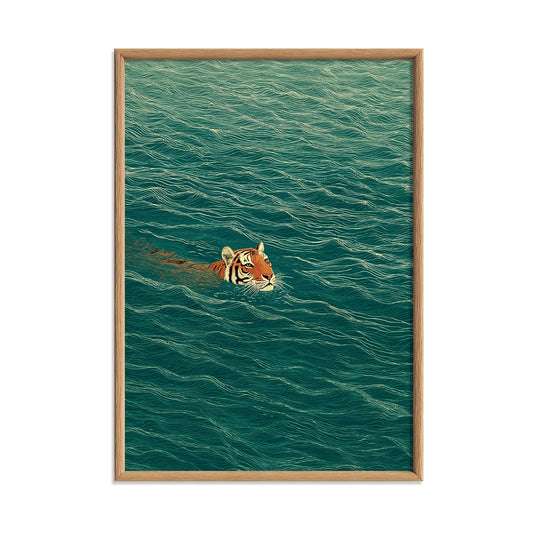 Swimming Tiger Poster | Green Water Wall Art, Minimalist Animal Art Print | Jungle Nature Decor