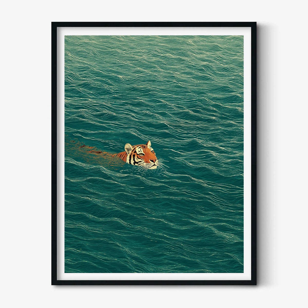 Swimming Tiger Poster | Green Water Wall Art, Minimalist Animal Art Print | Jungle Nature Decor