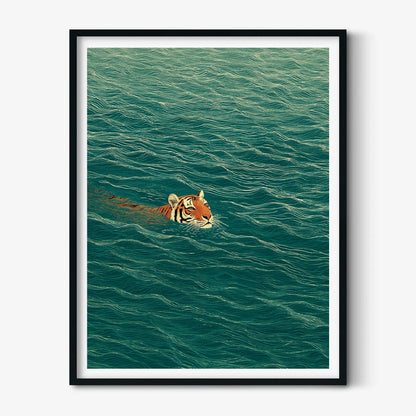 Swimming Tiger Poster | Green Water Wall Art, Minimalist Animal Art Print | Jungle Nature Decor
